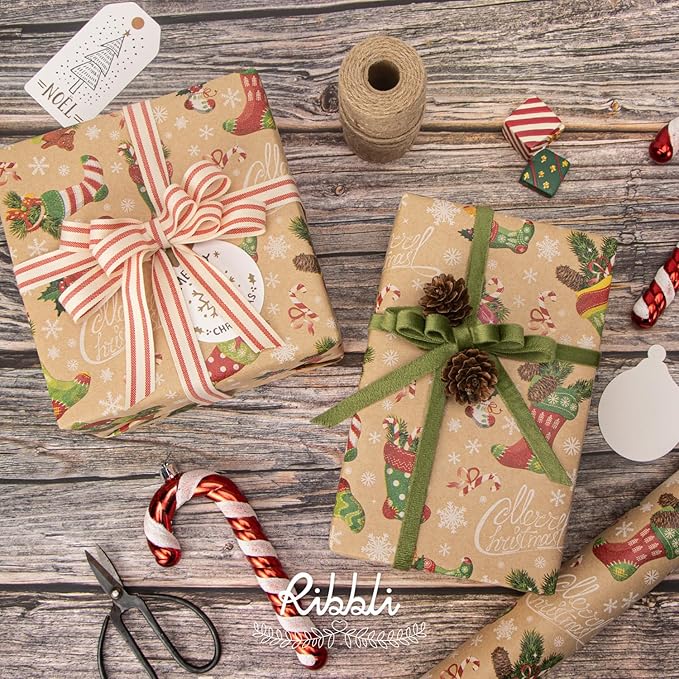 Ribbli Christmas Wrapping Paper Christmas Socks Candy Canes Kraft Wrapping Paper Rolls, Mini Roll-17 Inch x 33 Feet Per roll
