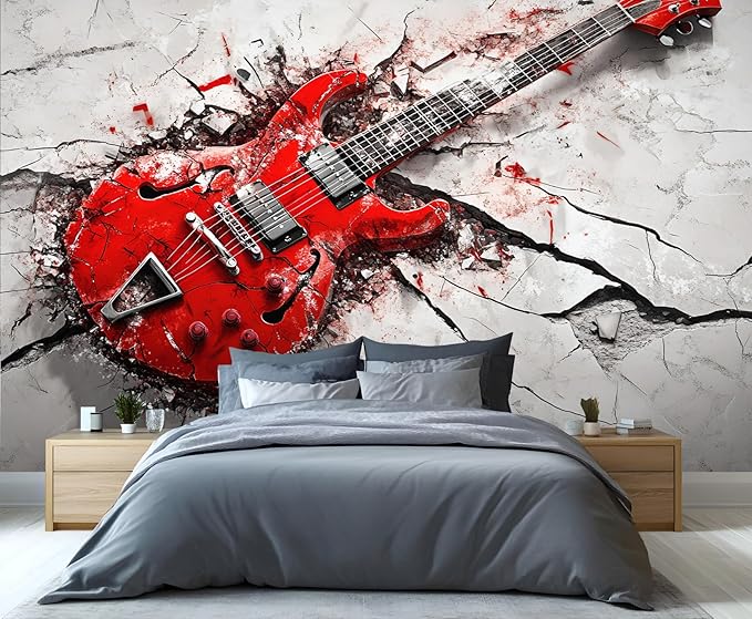 Red Electric Guitar Wall Mural, Grunge Style Guitar 3D Wall Murals, Rock Music 3D Explosion Wallpaper Mural, for Living Room Bedroom Large Wallpaper Indoor Decor 157.5" W x110.3 H