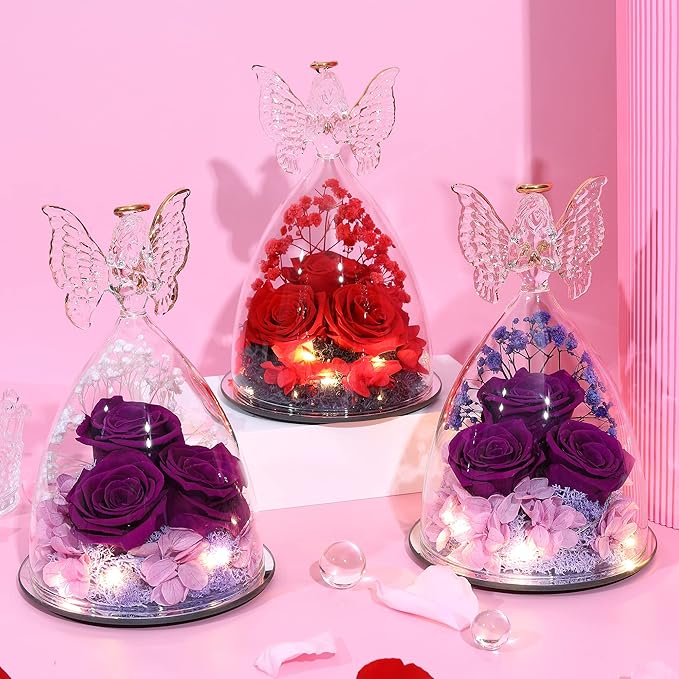 Mothers Day Mom Gifts for Women Preserved Flowers in Glass Angel Forever Flowers Gifts Eternal Roses Gifts for Grandma - Red