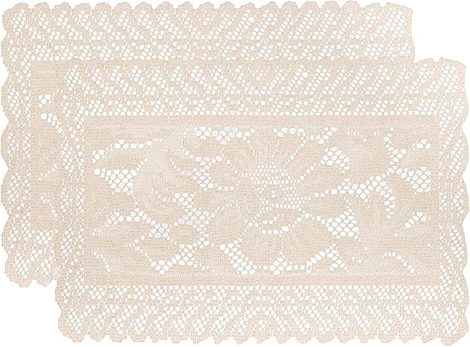 Jayla 2 Pcs Rectangle Lace Placemats for Tables Embroidered Lace Tablemats Vintage Crochet Floral Table Runner Vintage Wedding, Tea Party Decor,12x17 Inch