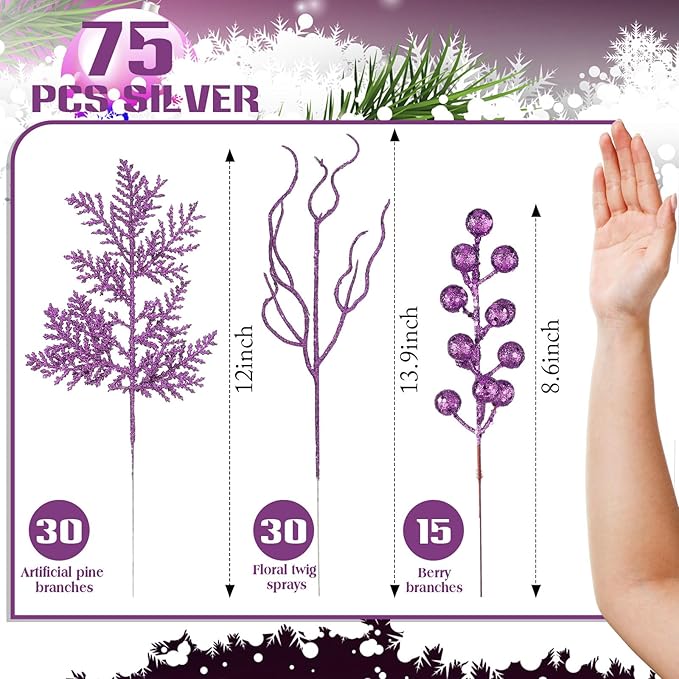 75 Pcs Christmas Glitter Branches 3 Styles Artificial Christmas Picks Berries Stems Pine Needles Floral Twig Spray for Xmas Tree Ornaments DIY Wreath Garland(Light Purple)