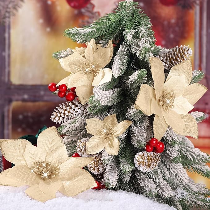 WILLBOND 24 Pcs 3 Size Poinsettia Flower Artificial Christmas Decor Glitter Poinsettia Christmas Ornaments Faux Flowers for Xmas Tree Outdoor(4/6/7.9 Inches,Champagne)