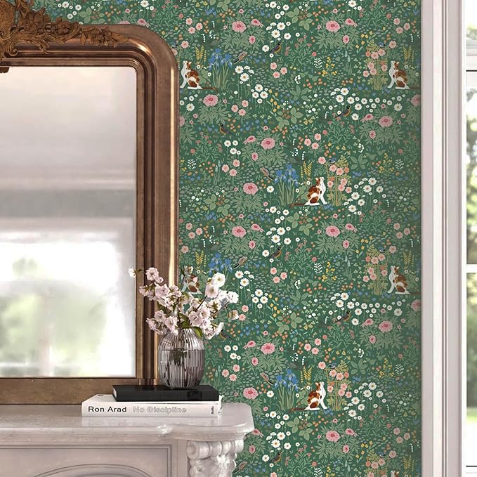 Heroad Floral Peel and Stick Wallpaper Green Wallpaper Boho French Country Contact Paper Vintage Cat Birds Removable Self-Adhesive Wall Paper for Bedroom Kitchen Cabinets Decoration Vinyl 17.3”x393”