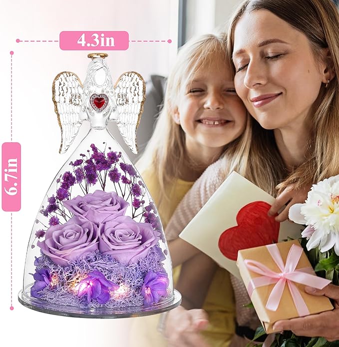 Mothers Day Rose Gifts for Women, Large Angel Figurines with Real Roses, Preserved Real Flower Rose for Her, Light Purple