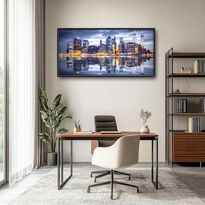 New York City Large Wall Art Framed Wall Decor for Living Room, Manhattan Skyline at Night Pictures Oversized Canvas Print Painting Modern Extra Large Framed Artwork for Bedroom Office 60"x30"