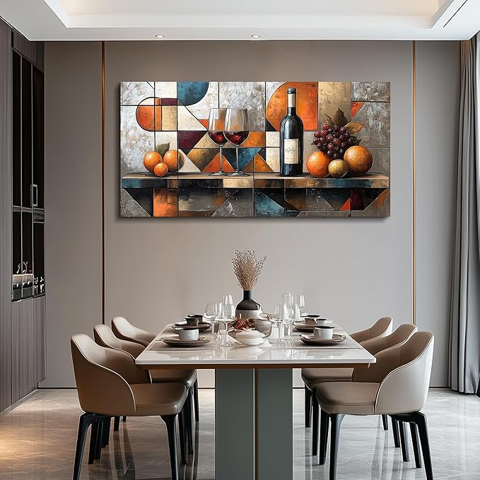 hyidecorart Wine Glass Fruit Painting Still Life Large Canvas Wall Art For Kitchen Wall Decor For Living Room Dining Room Decorations Geometry Abstract Picture Artwork Bar Posters Home Decor 24"x48"