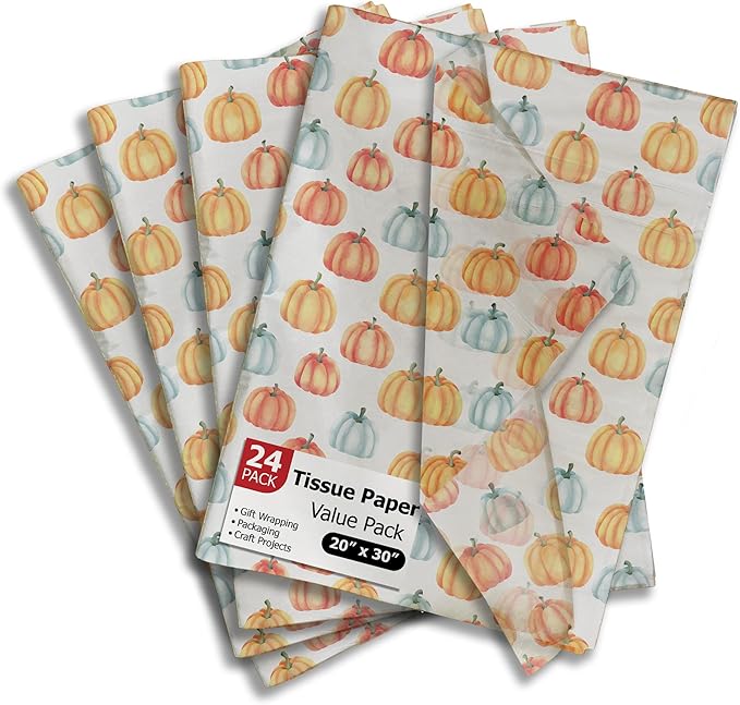 Fall Pumpkin Printed Tissue Paper Sheets for Gift Bags and Wrapping - Bulk Halloween Tissue - Decorative Art Paper for Packaging and Gifting | 24 Sheets 20" x 30"