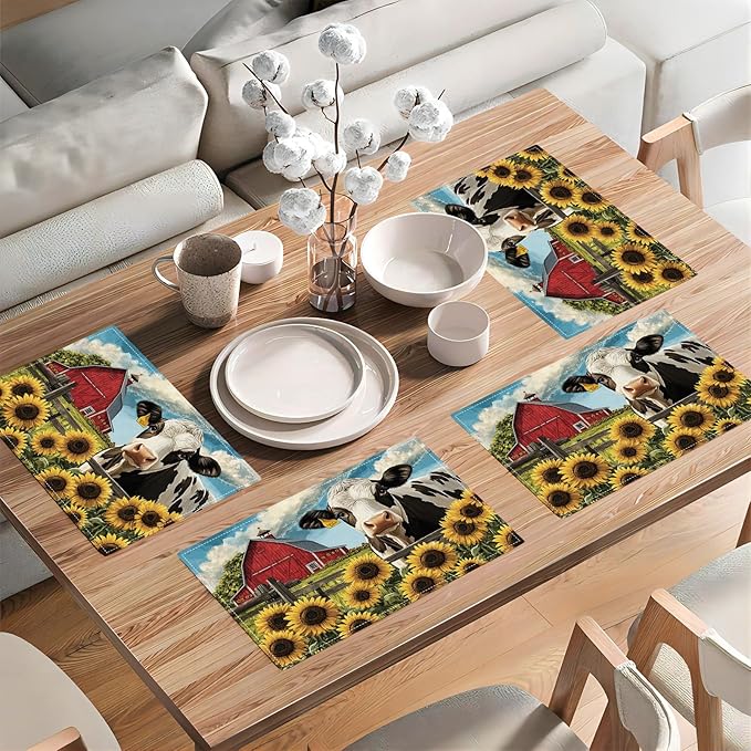 Farmhouse Sunflowers Cow Placemats Set of 6, Country Barn Place Mats, Rustic Flowers Cow Dining Table Mats, Washable Placemats for Kitchen Dining Room Home Decor 18L'' × 12W''