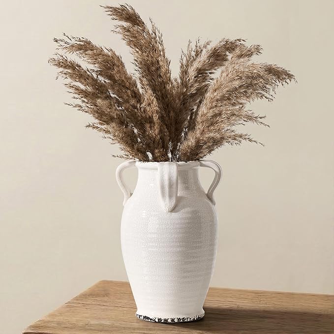 White Ceramic Vase with 4 Handles, 10.16" Tall Retro Ice Cracked Flower Vase, Antique Vases for Modern Farmhouse Home Decor, Wedding, Living Room, Table, Shelf Decor, Cracked White