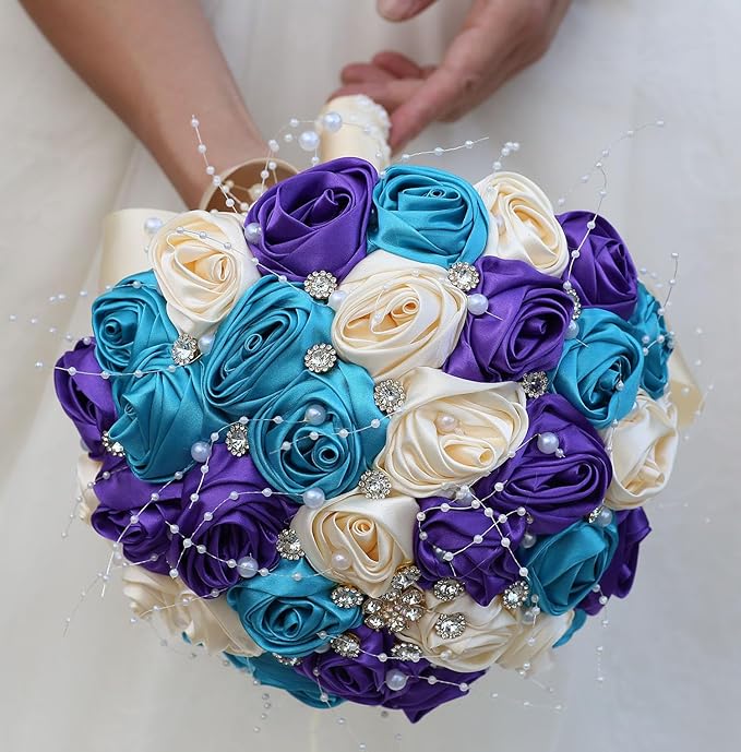 Bridal Wedding Bouquet Round Bling Brooch Bouquet Throw Toss Artificial Rose Flower Bunch for Bride Bridesmaid Wedding Quinceanera(Teal Blue, Purple & Cream, 8.7")