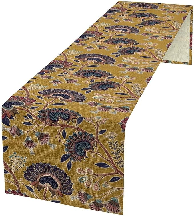 Boho Floral Table Runner, Mustard Yellow Paisley Floral Vintage Farmhouse Table Runner for Kitchen Dining Holiday Party Decor, 13x70 Inch