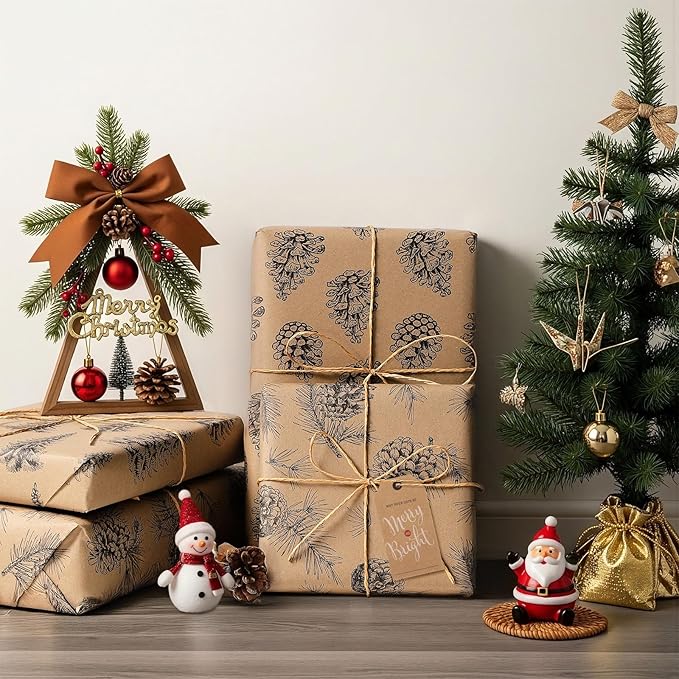 YANGTE Vintage Christmas Wrapping Paper Rolls, Brown & Black Wrapping Paper Christmas with Twine and Greeting Cards, 4 Rolls Holiday Gift Wrapping Paper, 17 x 120 inch per Roll