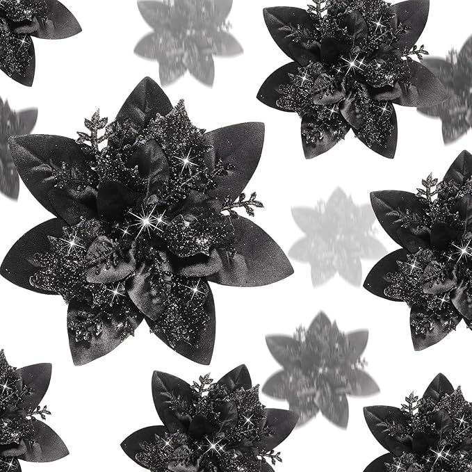 Geosar 24 Christmas Glitter Artificial Poinsettia Flowers Xmas Poinsettia Artificial Wedding Flowers Decorations Xmas Tree Ornaments with Clips for Party Favors, 6 Inch, 4 Inch, 3 Inch (Black)