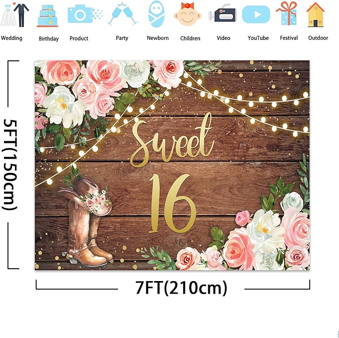 SVBright Sweet 16 Backdrop 7Wx5H Western Cowgirl Happy Birthday Rustic Country Wood Plank Pink White Floral Flower Rose Retro Boots Hat Decorations Photography Background Banner Photo Booth Studio