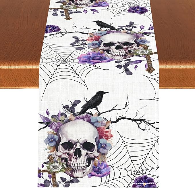 Gothic Floral Table Runner, Retro Dark Skull Spider Web Crow Flower Halloween Witchy Coffee Table Center Decor for Home Kitchen Dining Patio Holiday Party Table Decorations 13x90 inches