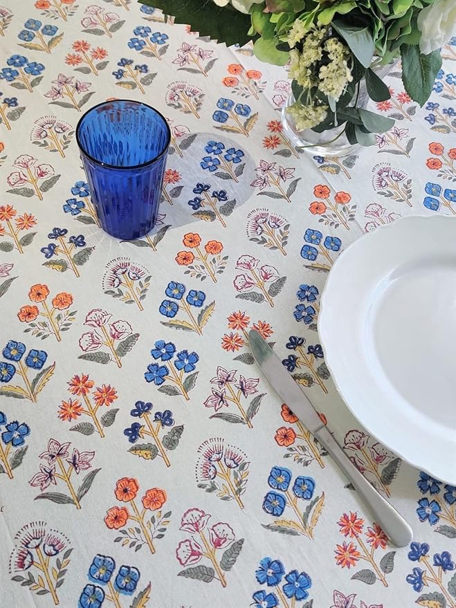 ATOSII Flora Bloom 100% Cotton Rectangle Boho Fall Tablecloth, Handblock Floral Table Cloth Linen for Kitchen Dining I Parties Wedding Outdoors Christmas Thanksgiving I 72 X 120 Inches I 10 Seater