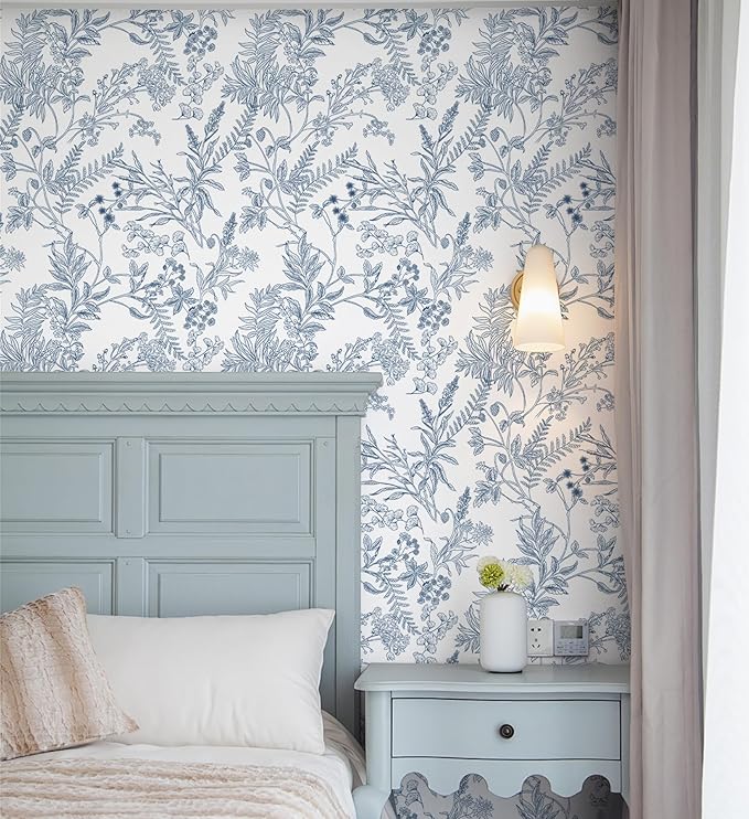 Peel and Stick Wallpaper Blue and White Floral Wall Paper for Bedroom Blue Contact Paper for Cabinets Self-Adhesive Removable Wallpaper for Bathroom Kitchen Wall Decor 197"x17.3"