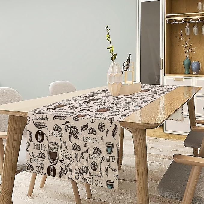 Coffee Theme Table Runner Coffee Time Espresso Seasonal Dinner Runner for Retro Farmhouse Kitchen Dining Coffee Table Decoration Cabin Home Holiday Party 13x36in