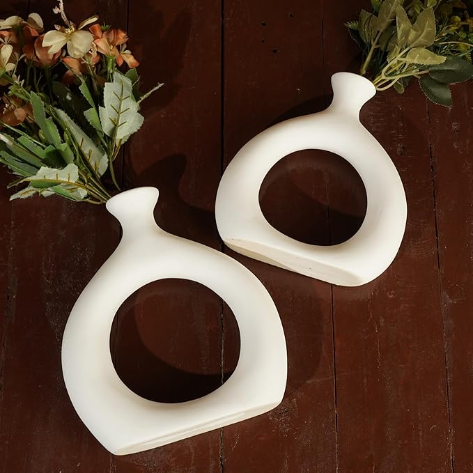 Ajuny Donut Vase Set of 2 – White Ceramic Modern Vases for Flowers, Pampas Grass, Centerpieces | Boho Table Decor for Living Room, Wedding, Kitchen, TV Stand, Office, Shelf, Mantle