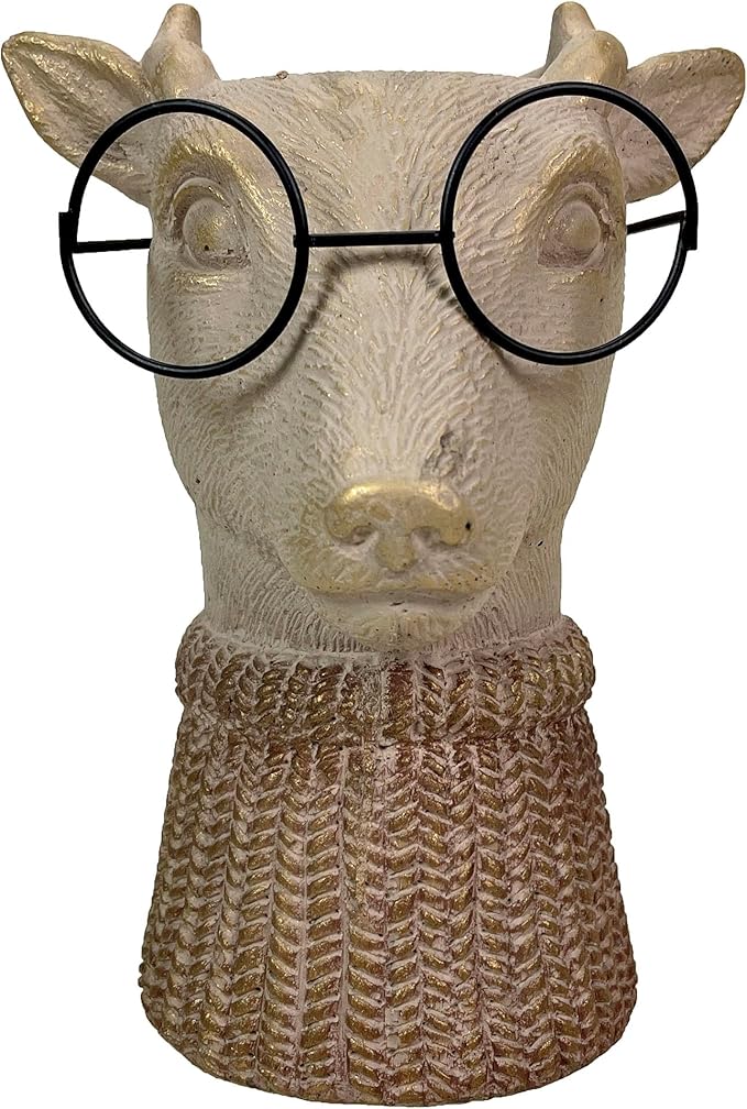 Bespectacled Deer Cement Vase 8.7 Inch - Gold Accents, Knit Scarf, Real Wire Glasses, Whimsical Animal Planter, Distressed Taupe Decorative Vase for Indoor Plants, Unique Gift - Home or Office