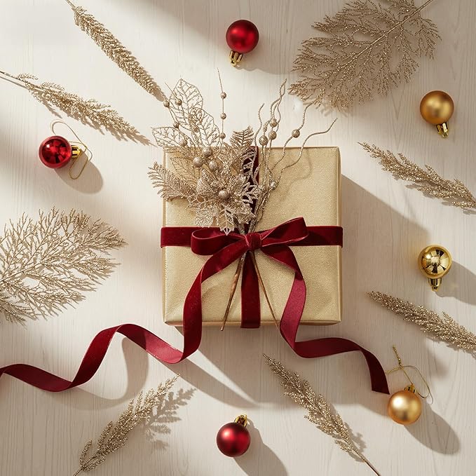 30 Pcs Artificial Christmas Tree Picks and Sprays Glitter Berry Stem Branches Holly Floral Picks Twigs Christmas Tree Ornaments for DIY Xmas Wreath Vase Filler Decorations(Champagne)