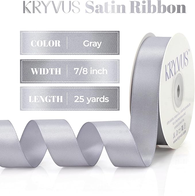 Gray Satin Ribbon, Double Faced 7/8 Inch X 25 Yards Gray Ribbon, Premium Satin Ribbon for Gift Wrapping, Crafts, Hair Bow Making, Sewing, Flower Bouquet, Wedding Party Decor