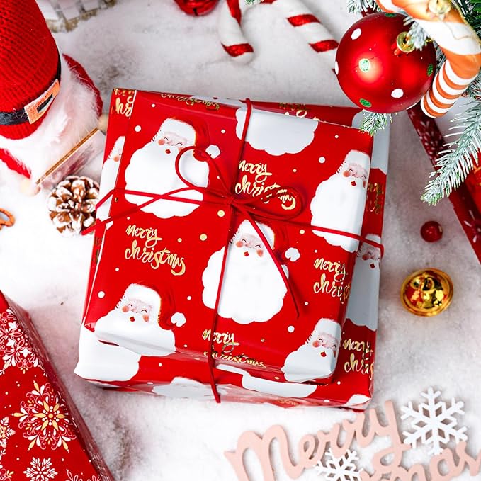 MAYPLUSS Red Christmas Wrapping Paper Roll - 17IN X 33FT - Santa Gift Wrapping Paper Featuring Santa Claus Gold Merry Christmas Reversible Snowflake for Kids, Holiday, New Year