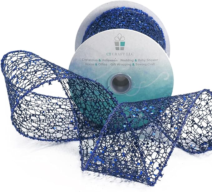 CT CRAFT LLC Sparkling Glitter Mesh Wired Ribbon 2.5" x 10 Yards Blue Navy for Christmas Home Decor Bow Gift Wrapping DIY Crafts Wreath
