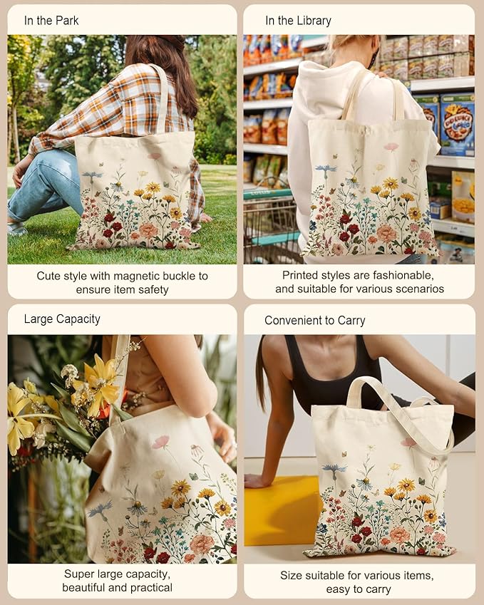 Aesthetic Tote Bag for Women- with Magnetic Buckle and Zipper Inner Pocket Cloth Cotton Canvas Tote Bags