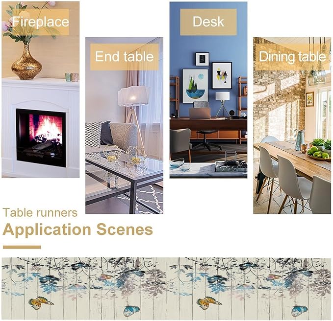 Nature Dandelion Table Runner,Rustic Floral Wood Plank Butterfly Girl Women Pattern Print Burlap Tablecloth for Hotel Indoors Outdoor Dining Room Kitchen Table Decor, 13x60in