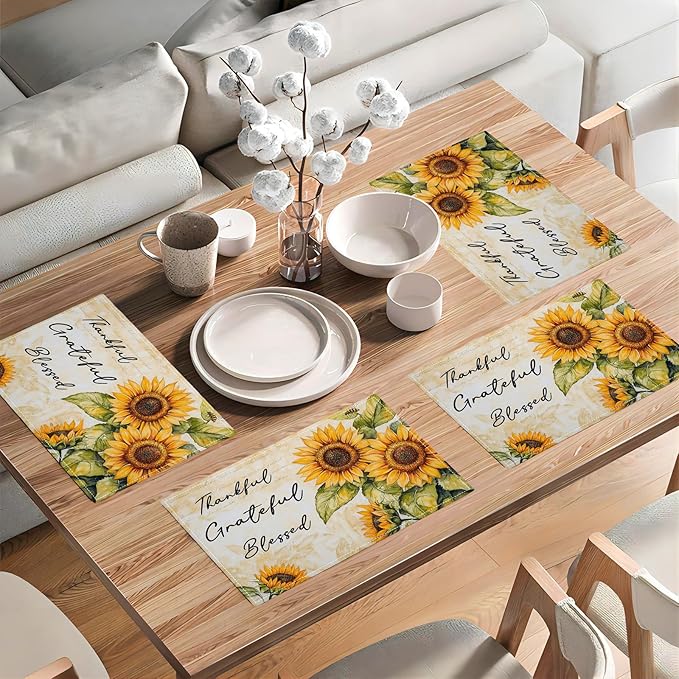 Farmhouse Sunflower Placemats Set of 6, Thankful Grateful Blessed Place Mats, Rustic Bee Dining Table Mats, Washable Placemats for Kitchen Dining Room Home Decor 18L'' × 12W''