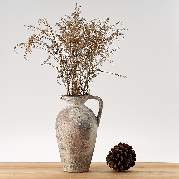 9.3 Inch Antique Ceramic Vase, Terracotta Vase with Handle, Tuscan Decor Farmhouse Decorative Vase, Rustic Vase for Home Decor, Living Room, Entryway, Wedding - Distressed Design, Gray