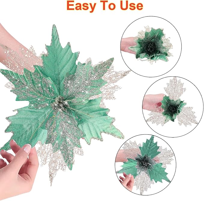 10'' Large Christmas Glitter Poinsettia Flowers Decorations, stadeco 10 Pcs Christmas Tree Picks Ornaments Artificial Flowers with Long Stems for Xmas Tree Wreath Garland Wedding Party DIY Decor