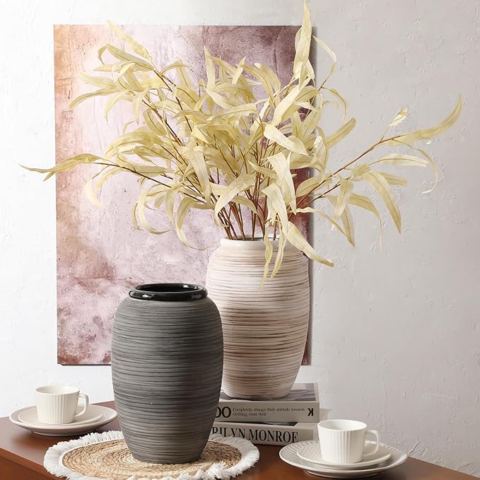 ALMA 12'' Wide Mouth Vase Home Decor, Black Boho Tall Pampas Grass Vase for Table Centerpieces, Grey Rustic Decorative Vase for Living Room, Farmhouse, Entryway, Mantel, Bookshelf