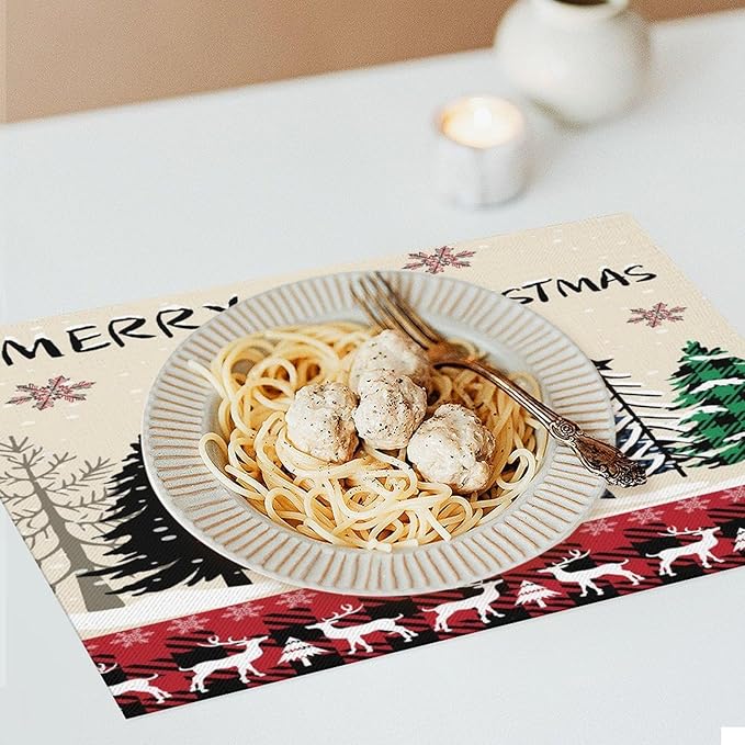 Christmas Placemats Rustic Farmhouse Red Buffalo Plaid Elk Christmas Tree Winter Snowflake Placemats Table Kitchen Dining Party 12x18 Inch Set of 4