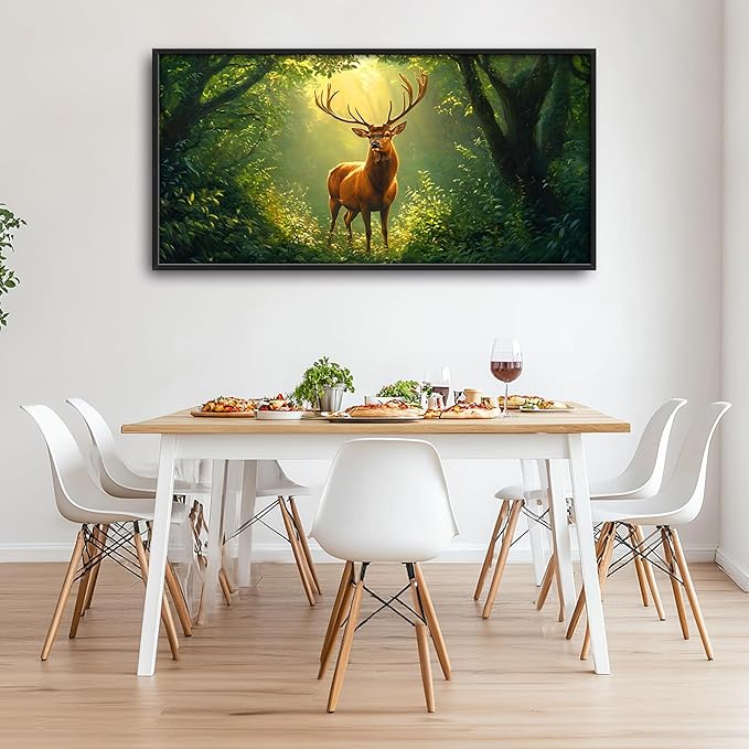 Forest Elk Deer Large Wall Art Framed Green Wall Decor for Living Room Farmhouse Deer Pictures Oversized Canvas Print Painting Modern Extra Large Framed Artwork for Bedroom Office 60"x30"