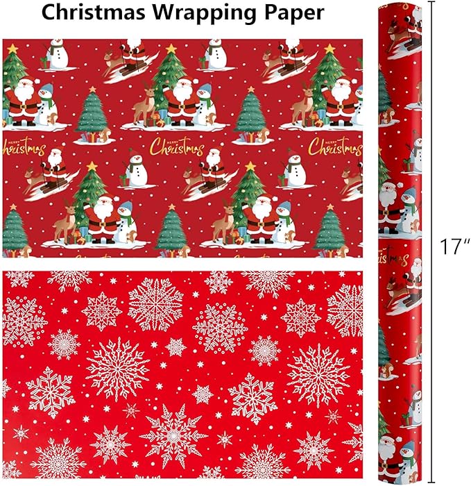 MAYPLUSS Red Christmas Wrapping Paper Roll - 17IN X 33FT - Santa Gift Wrapping Paper Featuring Christmas Tree Santa Claus Snowman Reindeer Reversible Snowflake for Kids, Holiday, New Year