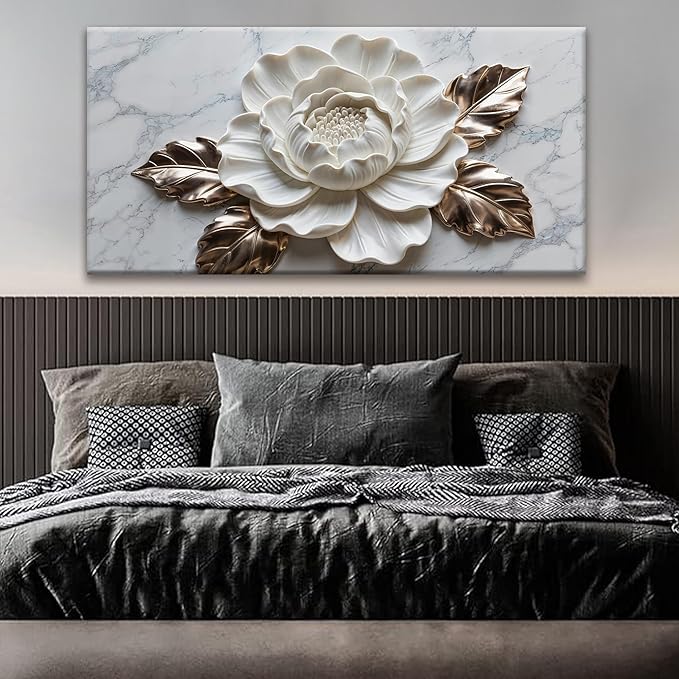 Wall Art Living Room Marble Texture Wall Art Modern White Flower Canvas Art Wall Decor Home Wall Decor Suitable Pictures For Bedroom Apartment Office Can Be Hung 24" × 48"
