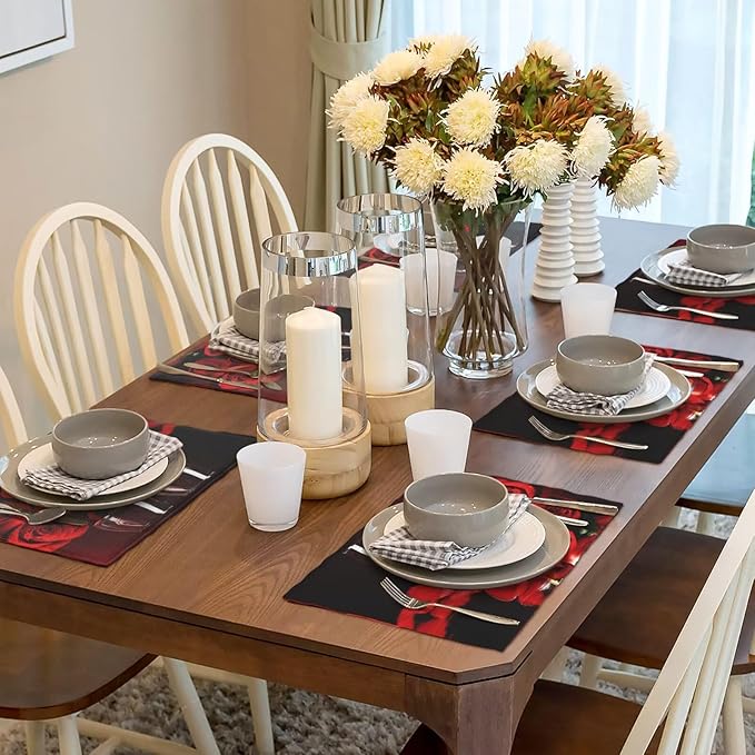Red Rose Wine Linen Table Placemats Set of 6 Retro Romantic Placemat Indoor Outdoor Party Home Desktop Kitchen Dining Room Decoration 12x18 Inch