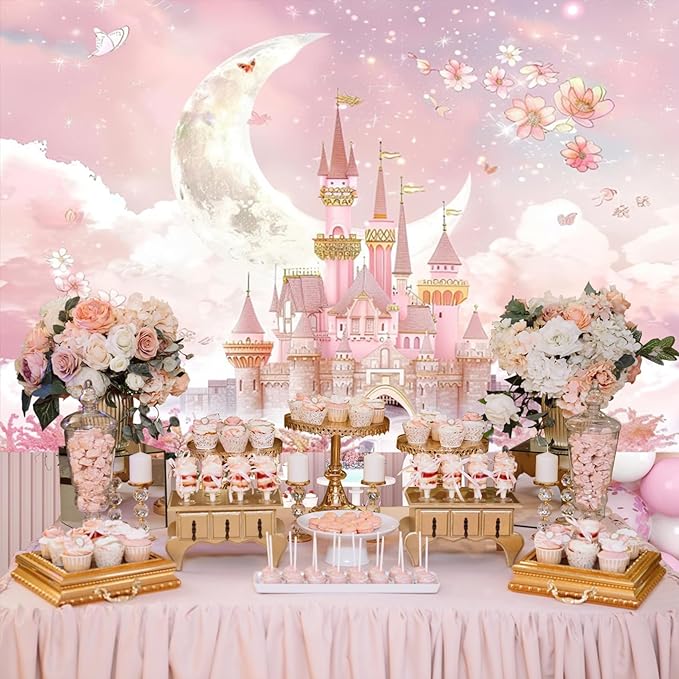 AOFOTO 5x3ft Princess Pink Castle Backdrop Floral Castle Backdrop for Photography Moon Clouds Flowers Fantasy Fairy Tale Party Decoration Banner Girls Newborn Baby Shower Birthday Photoshoot Props
