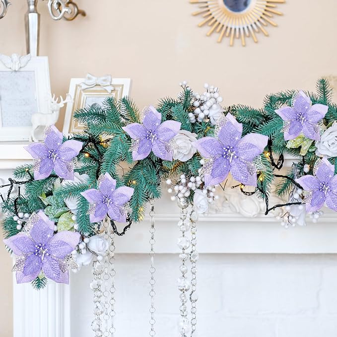 Boao 24 Pieces Christmas Artificial Glitter Poinsettia Flowers Xmas Flowers Wedding Christmas Tree New Year Ornaments(Light Purple)