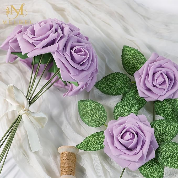 Meldel Artificial Flowers 25pcs Real Looking Dusty Violet Pale Lavender Foam Fake Roses with Stems for DIY Wedding Bouquets Bridal Shower Centerpieces Floral Arrangements Home Decorations Bulk Rose