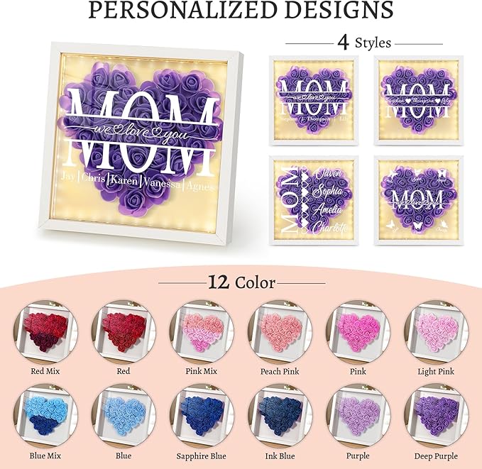 Mom We Love You - Personalized Flower Shadow Box with Names, Christmas Mothers Day Flower Box Gifts for Mom (Style 3-Box with Led)