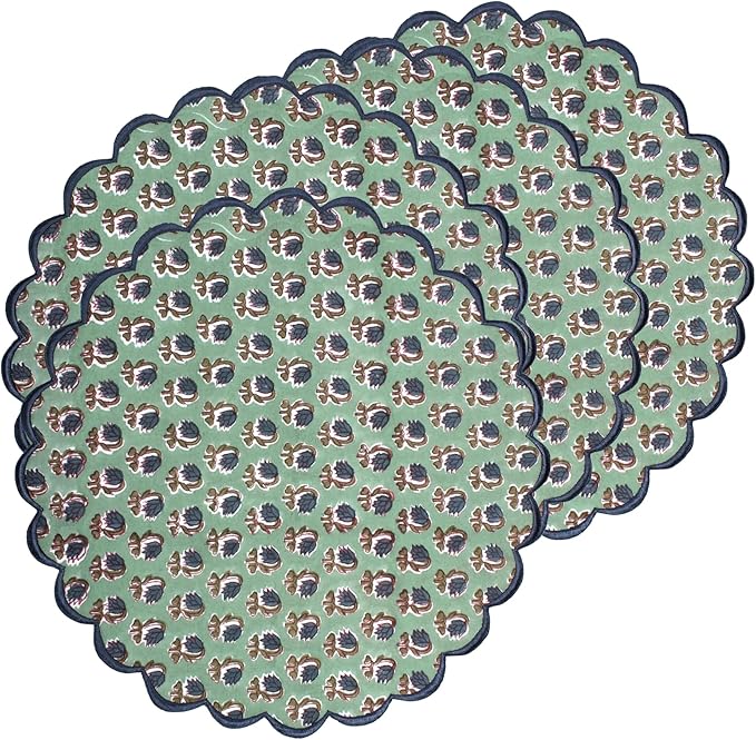 Ridhi Bo-ho Round Place Mat Double Layer Floral Cotton Washable Placemats 15" Round Embroidery Block Print Table Mat (Pack of 4-15 Inch Round, Basil Green)
