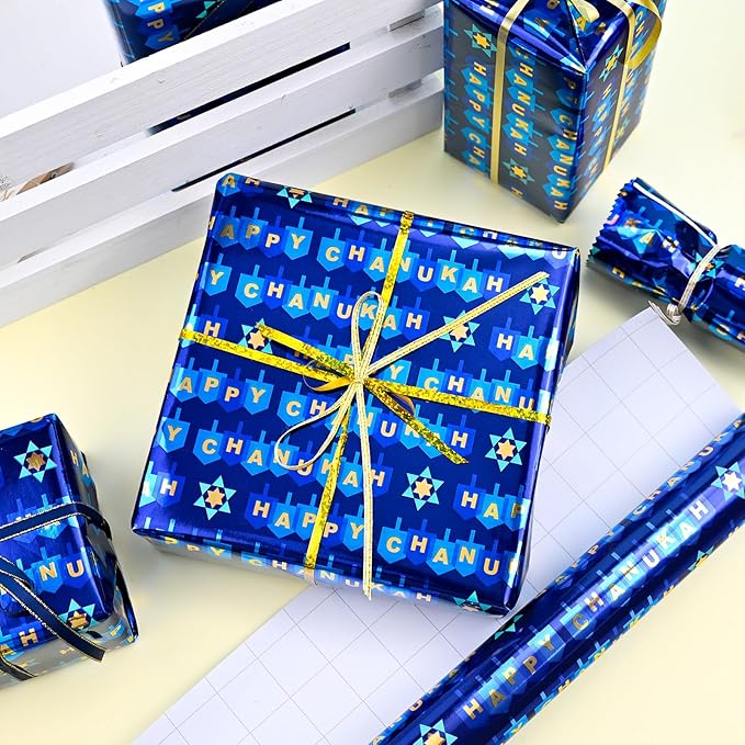MAYPLUSS Reversible Wrapping Paper - Mini Roll - 17in * 32.8 Feet- Happy Hanukkah Lettering with Glitter Metallic Foil (47.3 sq.ft.ttl) for Chanukkah,Christmas