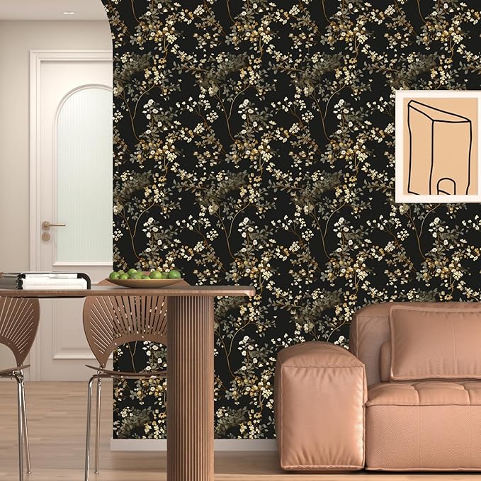 Vintage Black Floral Wallpaper Classic Watercolor Leaves Wall Paper 17.4" x 394" Dark Moody Contact Paper Chinoiserie Self Adhesive Covering for Bedroom Bathroom Cabinet Home Decor Black Grey