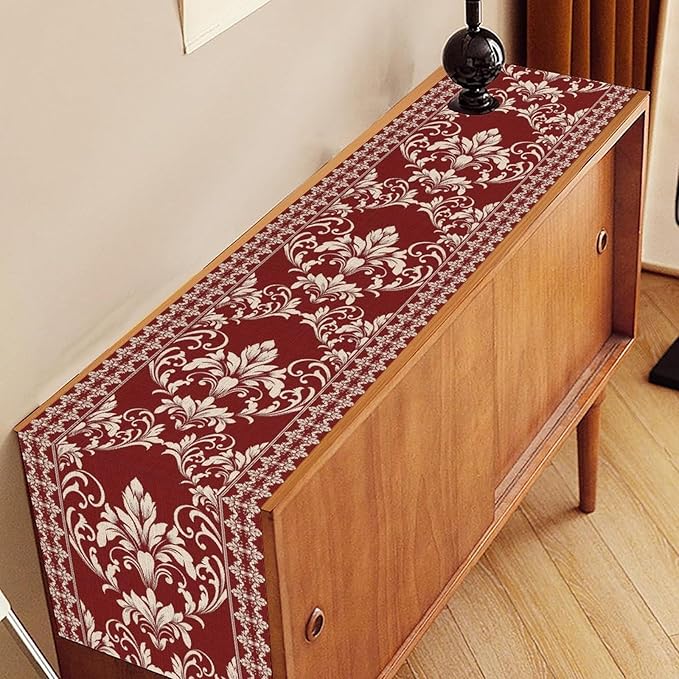 Damask Table Runner, Red Rustic Damask Antique Floral Retro Boho Art Pattern Linen Coffee Table Center Decor for Home Kitchen Dining Decorations Indoor Outdoor 13x36 inch