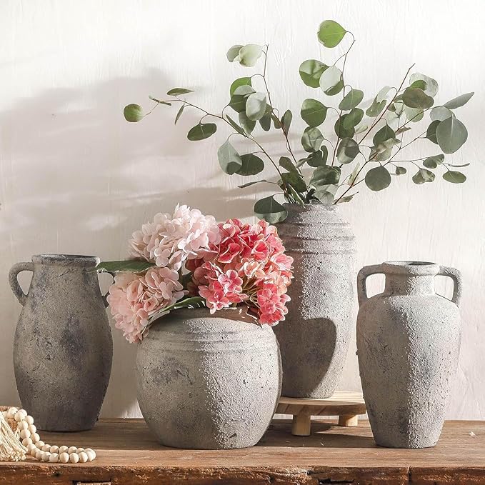 Ceramic Flowers Vase - Rustic Decorative Vase for Home Decor, 9 inch Vintage Terracotta Vase for Flowers, Pottery Vase with 2 Hanldes for Home Living Room Decor, Non-Slip Lyeec Vases