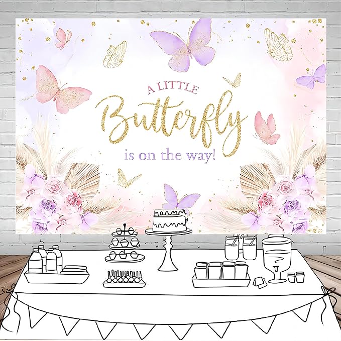 Mocsicka Butterfly Baby Shower Backdrop for Girl's A Little Butterfly is on The Way Pink Florals Flowers Photography Background Princess Girl Party Decoration Photography Props (7x5ft, Gold)