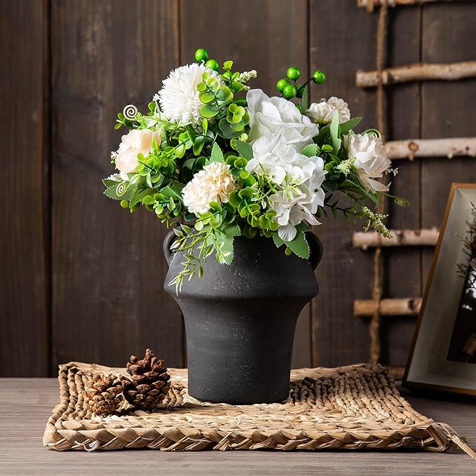 7in Ceramic Vase with Handle, Rustic Terracotta Vases for Flower, Vintage Pottery Vases Home Decor, Christmas Decorative Farmhouse Vase for Shelf Decor, Farmhouse, Table, Lyeec